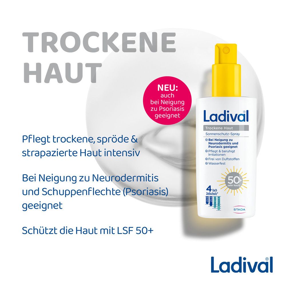 Ladival Trockene Haut Sonnenschutz-Spray. Text: Trockene Haut. Produktmerkmale und LSF 50+.