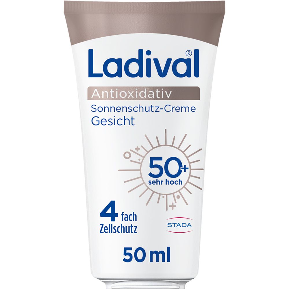 Weiße Tube mit Ladival-Logo und Text. Sonnenschutz-Creme Gesicht LSF 50+. 50ml. Brauner Deckel.