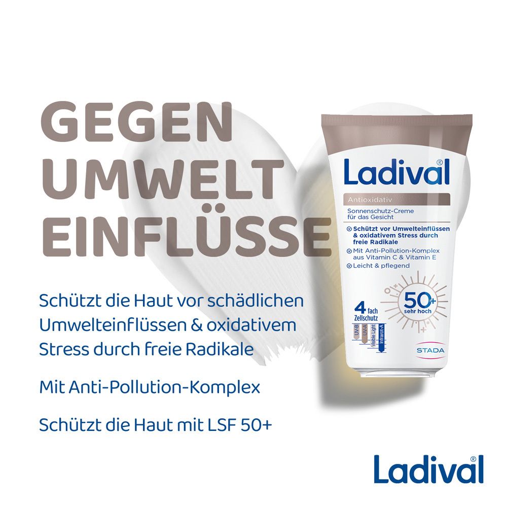 Ladival-Tube auf weißem Hintergrund. Text: Gegen Umwelteinflüsse. Schützt vor oxidativem Stress.