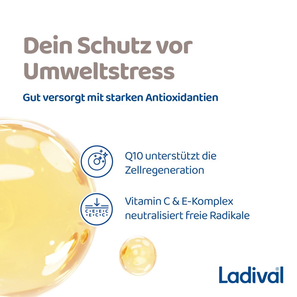 Grafik mit Text. Dein Schutz vor Umweltstress. Q10 unterstützt Zellregeneration. Vitamin C & E neutralisiert freie Radikale.