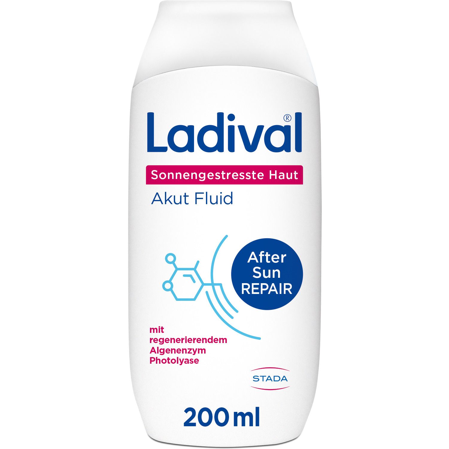 Ladival Akut Fluid, 200ml Flasche. Für sonnengestresste Haut. Mit After Sun Repair. Enthält regenerierenden Algenenzym Photolyase.