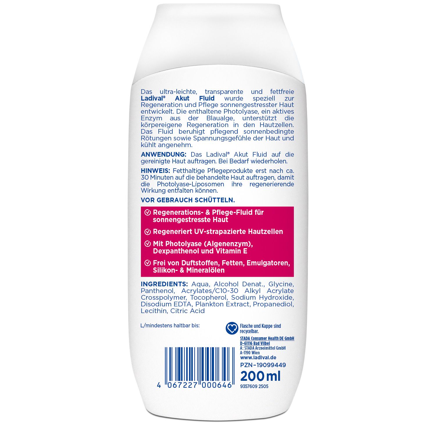 Rückseite der Ladival Akut Fluid Flasche. Text mit Inhaltsstoffen und Anwendungshinweisen. 200ml. PZN-19099449.