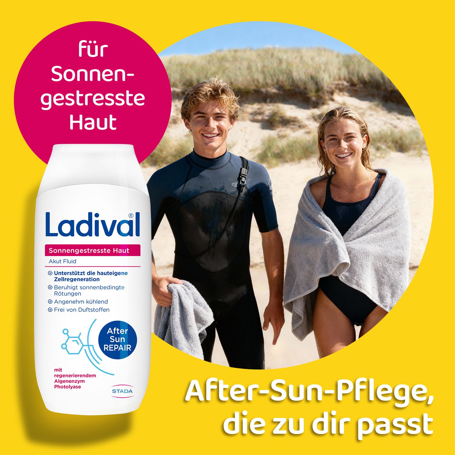 Ladival Akut Fluid und zwei Personen am Strand. Text: After-Sun-Pflege, die zu dir passt. Für sonnengestresste Haut.