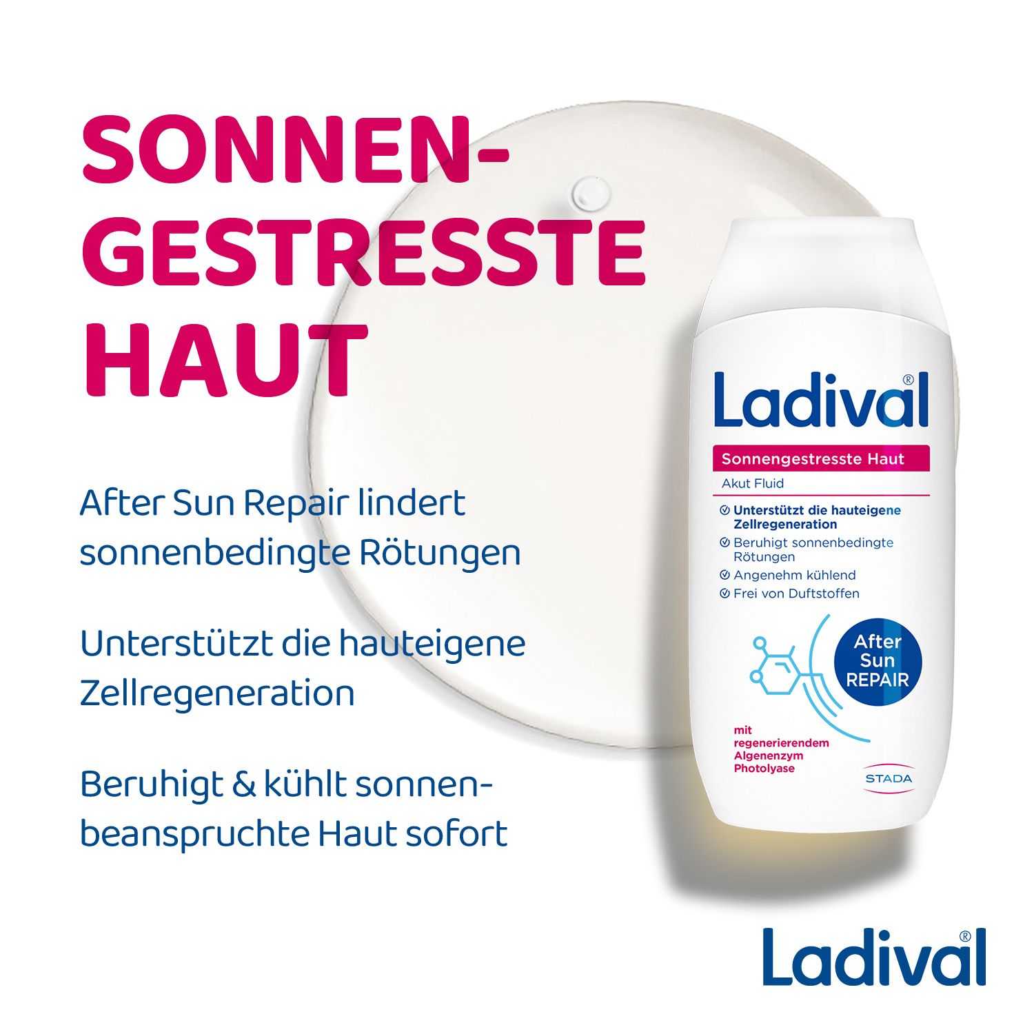 Ladival Akut Fluid und transparente Flüssigkeit. Text: Für sonnengestresste Haut. After Sun Repair. Unterstützt Zellregeneration.