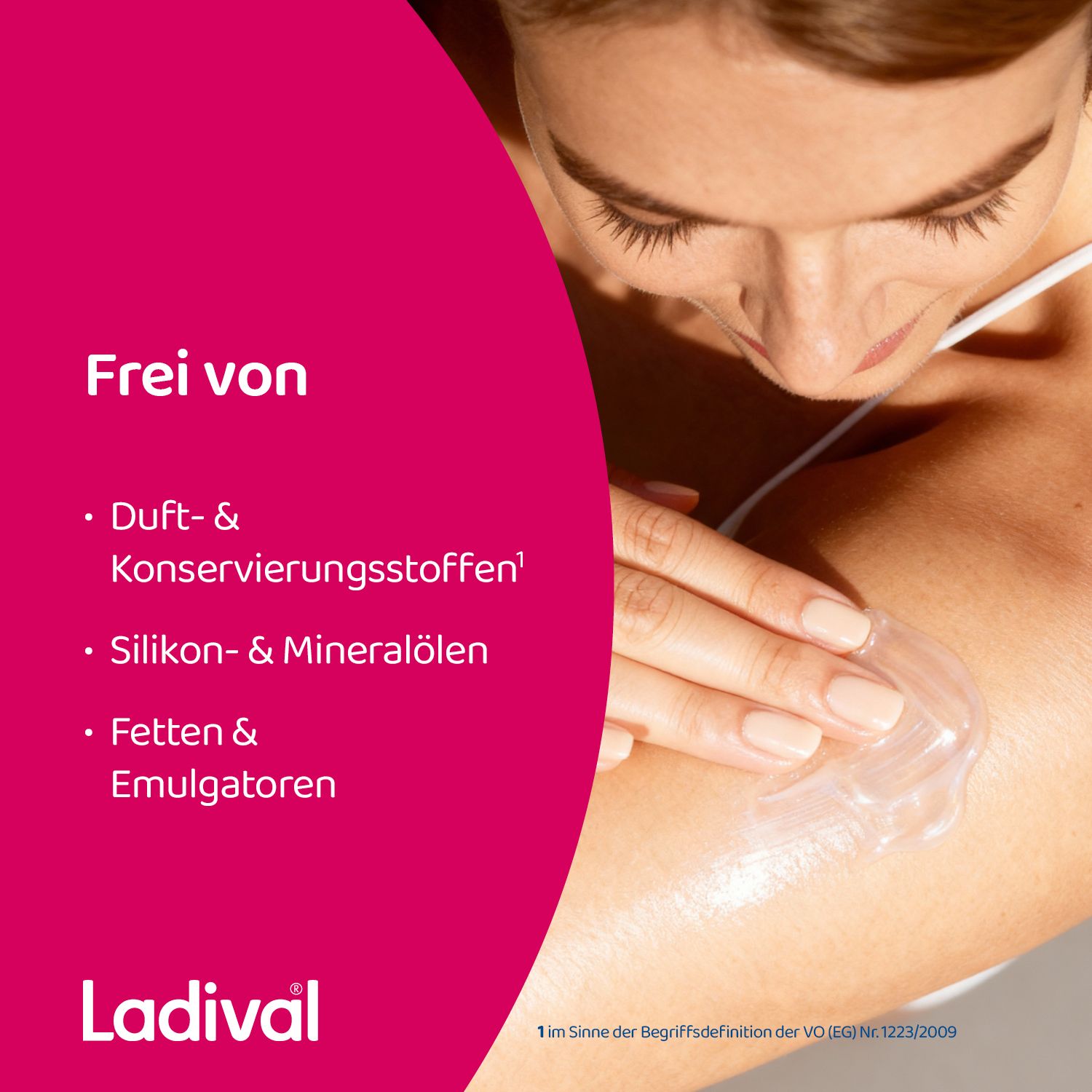 Frau trägt Ladival Akut Fluid auf. Text: Frei von Duft- & Konservierungsstoffen, Silikon- & Mineralölen, Fetten & Emulgatoren.