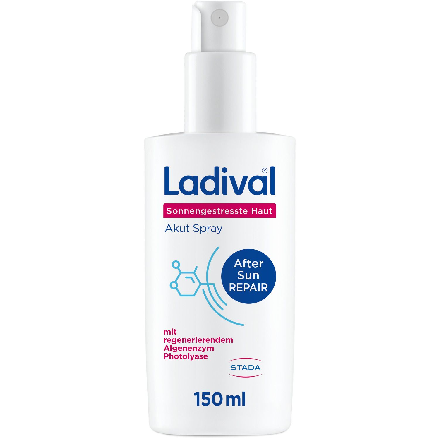 Weiße Sprühflasche von Ladival® für sonnengestresste Haut. Mit After Sun Repair-Label und 150 ml Volumen. STADA-Logo.
