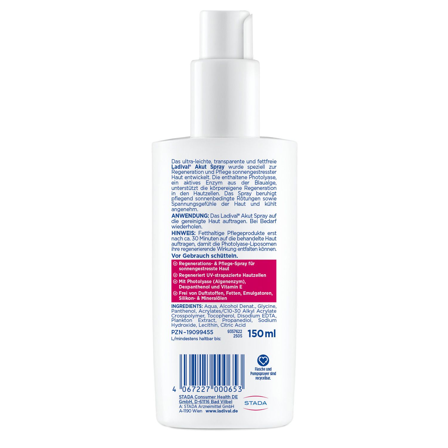 Rückseite der Ladival® Akut Spray Flasche. Textinformationen zu Anwendung, Inhaltsstoffen und Hersteller. 150 ml.