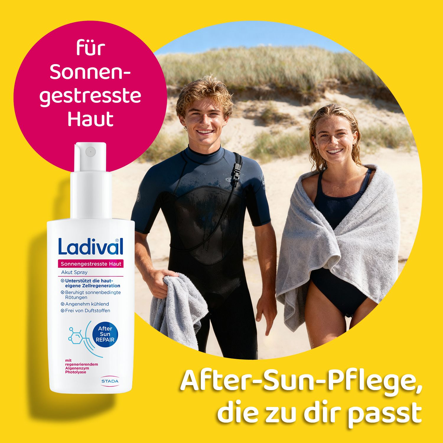 Werbebild mit Ladival® Spray und zwei Personen am Strand. Gelber Hintergrund mit Text: After-Sun-Pflege, die zu dir passt.