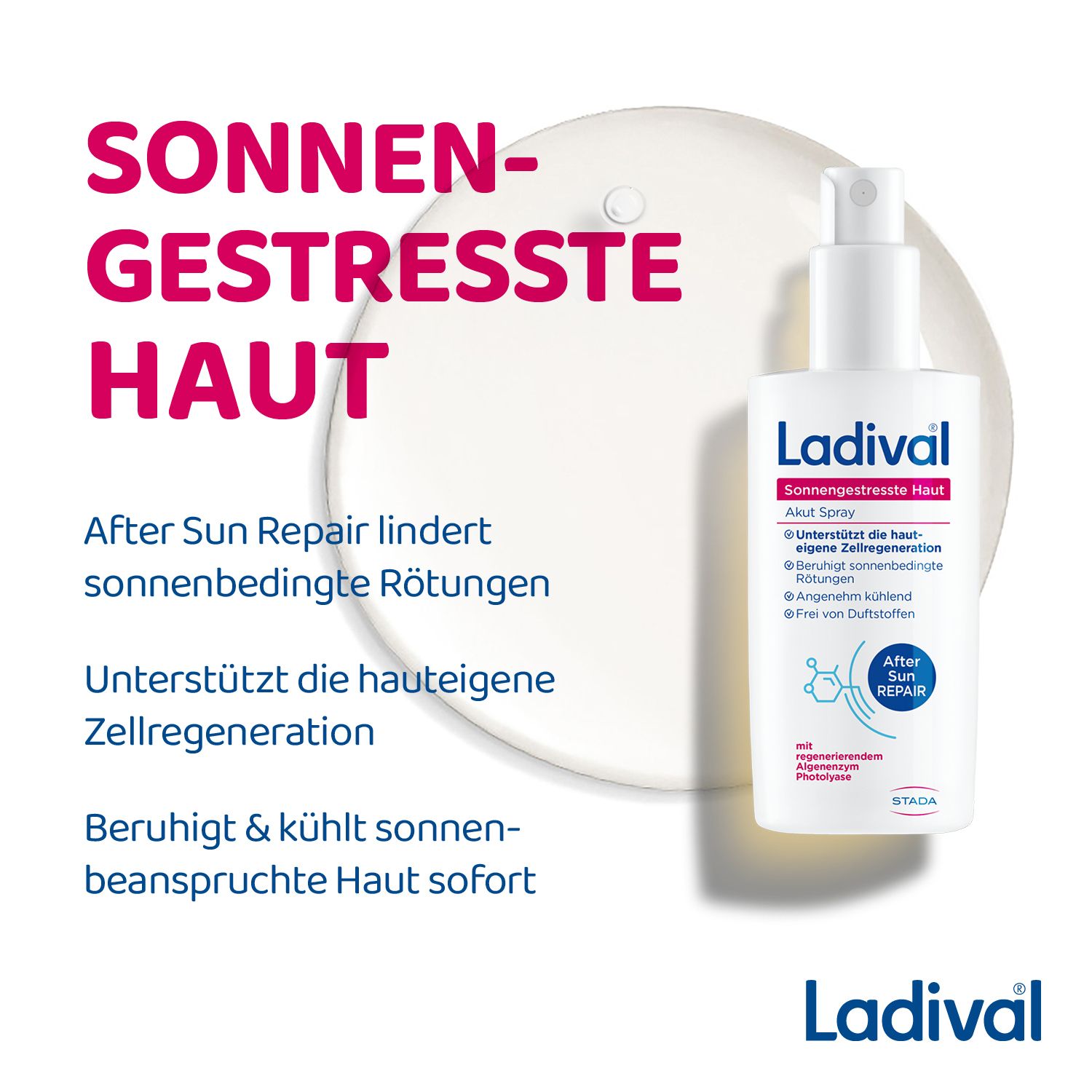 Produktabbildung von Ladival® Spray. Text: Sonnengestresste Haut. After Sun Repair lindert sonnenbedingte Rötungen.