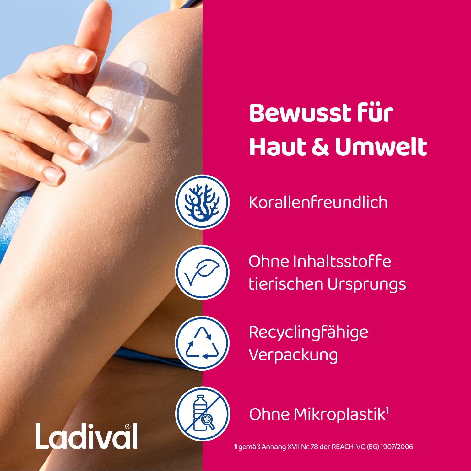 Arm mit aufgetragener Creme. Text: Bewusst für Haut & Umwelt. Korallenfreundlich, ohne tierische Inhaltsstoffe, Recyclingverpackung.