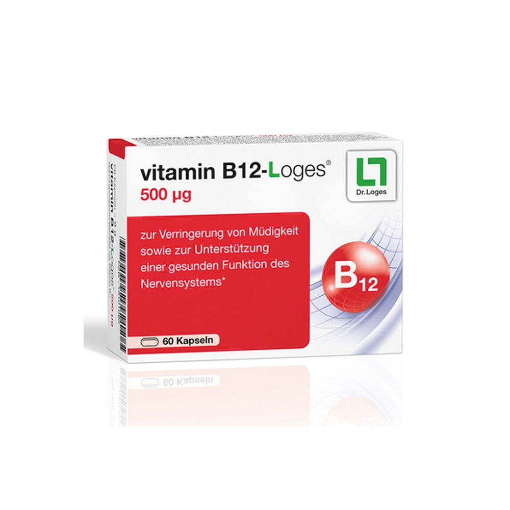 Schachtel mit Vitamin B12-Loges 500 µg. Rote und weiße Verpackung mit Produktinformationen und Logo. 60 Kapseln.