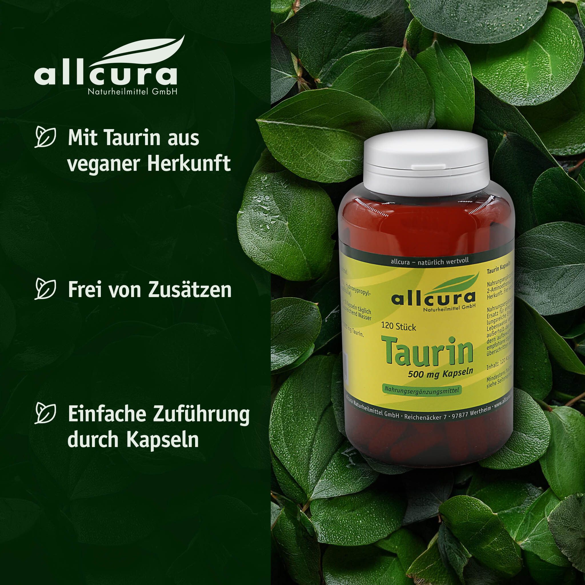 Braune Flasche mit weißen Deckel. Aufkleber mit "Taurin 500 mg Kapseln". 120 Stück. Marke: allcura. Hintergrund: Blätter.