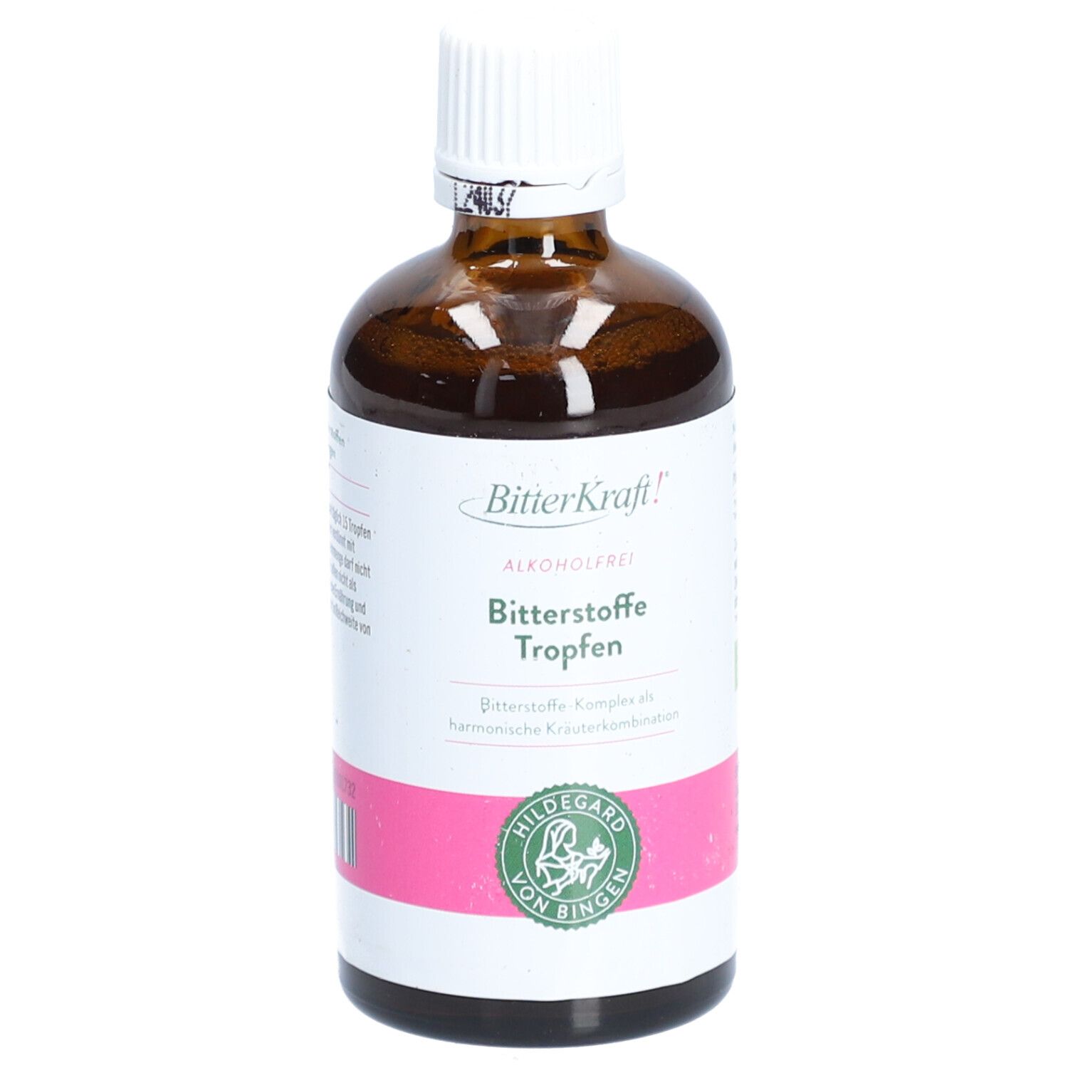 Braune Glasflasche mit weißem Deckel. Etikett mit Produktnamen und Logo. BIO-Siegel.