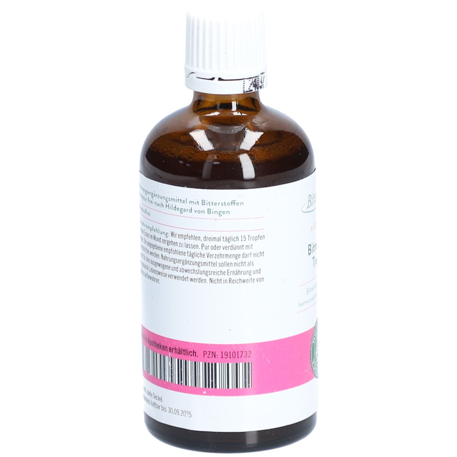 Rückansicht der braunen Glasflasche. Etikett mit Text und Barcode. Rosa Streifen.