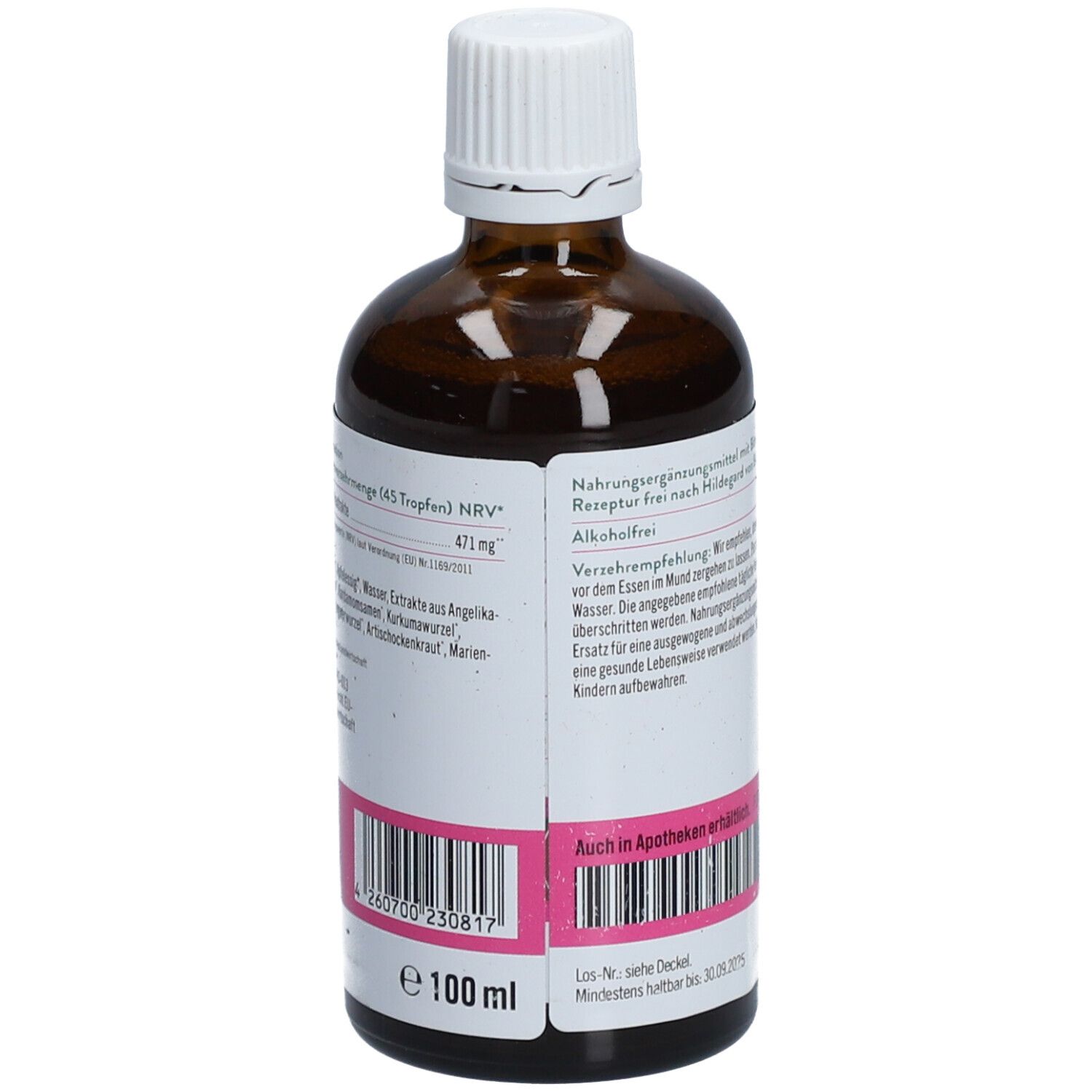 Rückansicht der braunen Glasflasche. Etikett mit Text, Barcode und Volumenangabe: 100 ml.