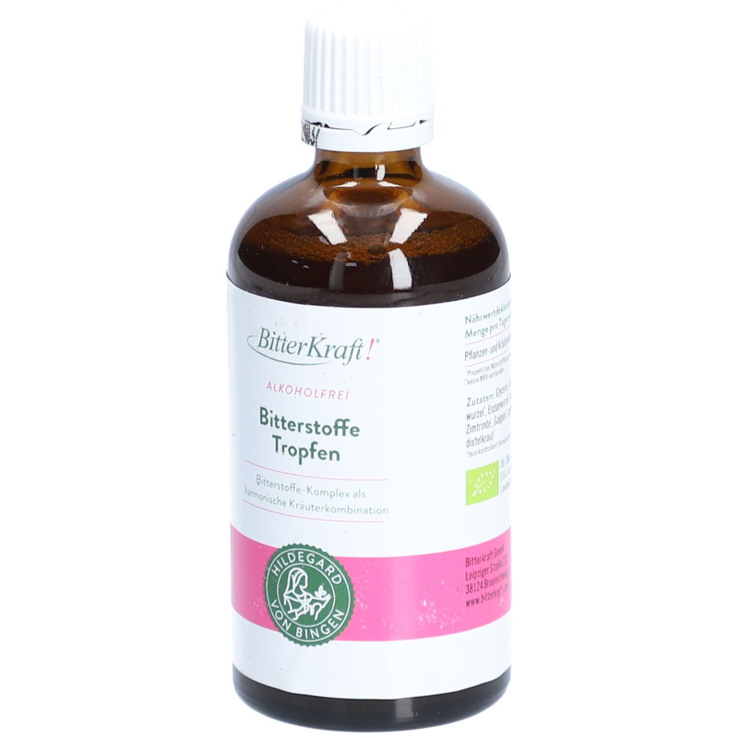 Braune Glasflasche mit weißem Deckel. Etikett mit Produktnamen und Logo. BIO-Siegel.