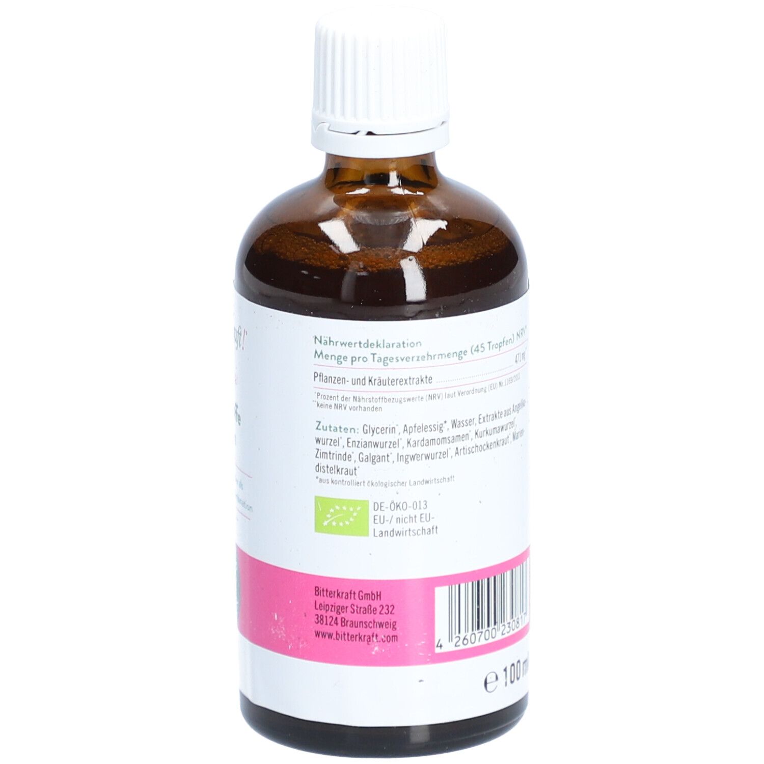 Rückansicht der braunen Glasflasche. Etikett mit Text, Barcode und Volumenangabe: 100 ml.