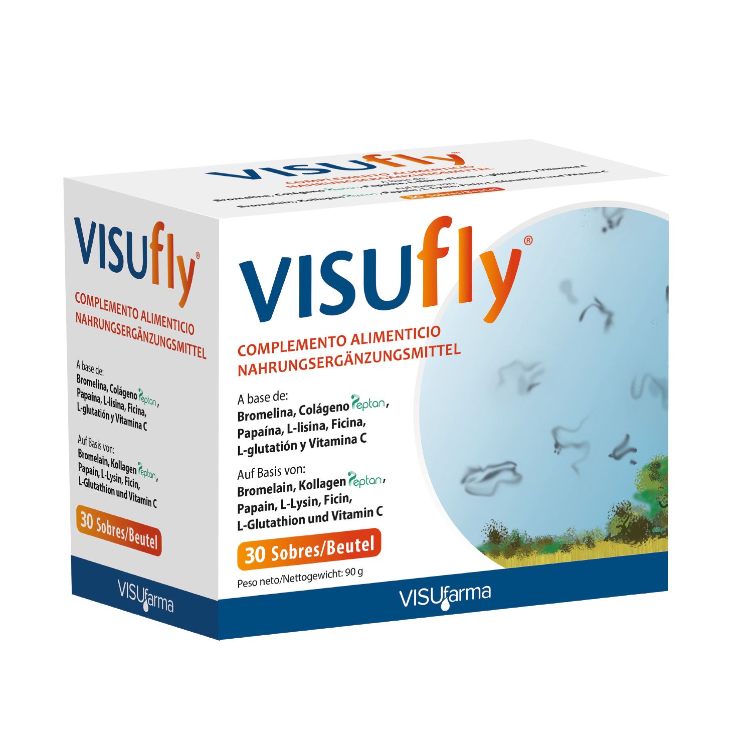 Visufly-Box. Nahrungsergänzungsmittel. Enthält 30 Beutel. Aufschrift: Visufly, Nahrungsergänzungsmittel, 30 Beutel.