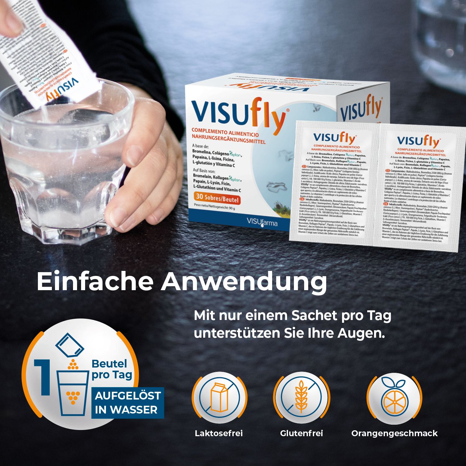 Person gießt Visufly-Pulver in ein Glas Wasser. Box und zwei Beutel Visufly. Text: Einfache Anwendung. 1 Beutel pro Tag.