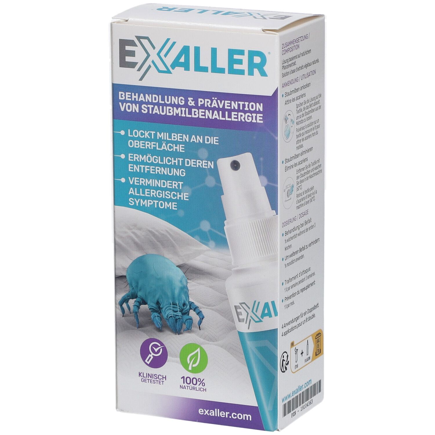ExAller® Anti-Milbenspray und Verpackung. Sprayflasche und Karton mit Produktinformationen und Logo.