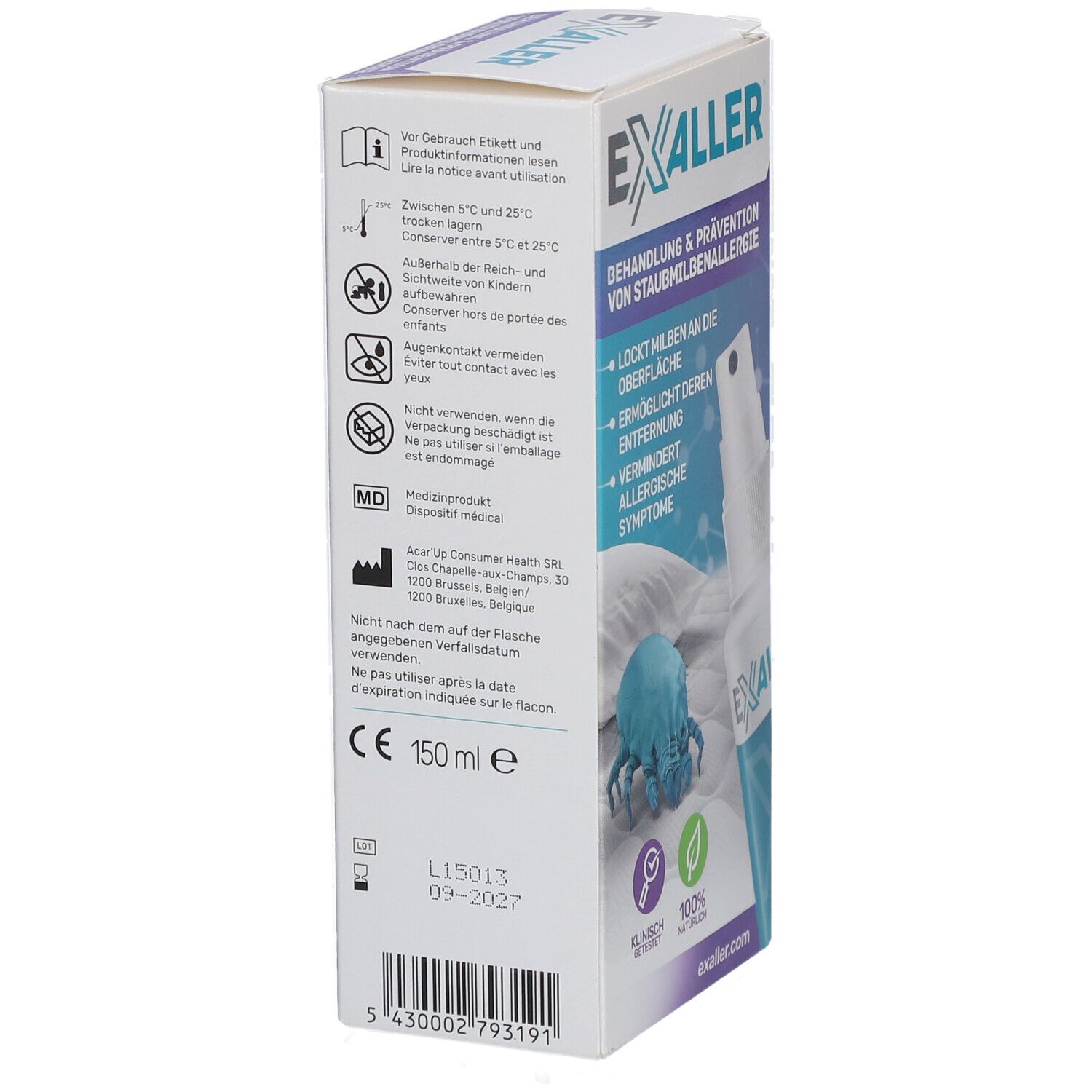 Rückseite der ExAller® Verpackung. Informationen, Inhaltsstoffe, Anwendungshinweise und Warnhinweise.