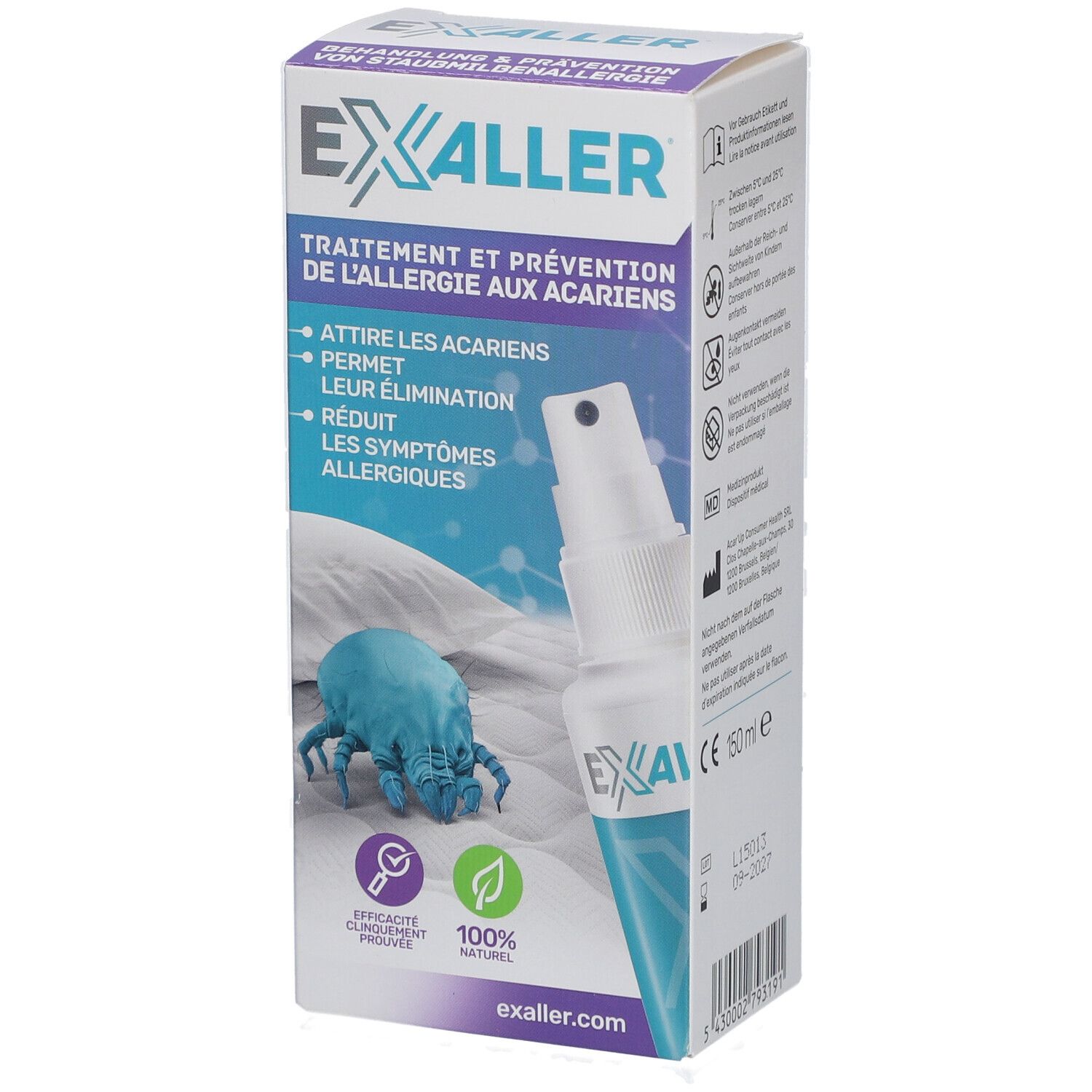 ExAller® Verpackung. Text: Behandlung und Prävention von Hausstaubmilbenallergie. Sprayflasche.