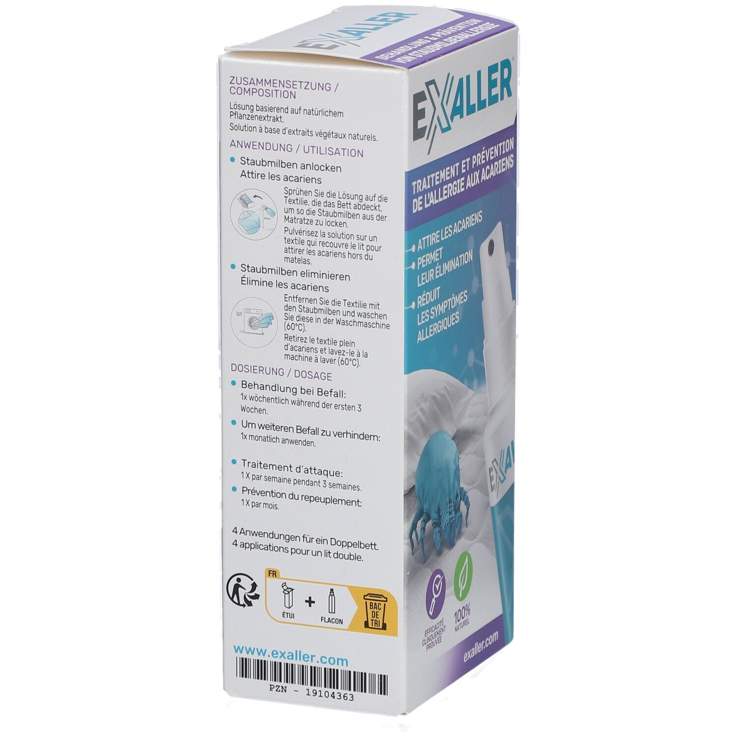 Rückseite der ExAller® Verpackung. Informationen, Inhaltsstoffe, Anwendungshinweise und Warnhinweise.