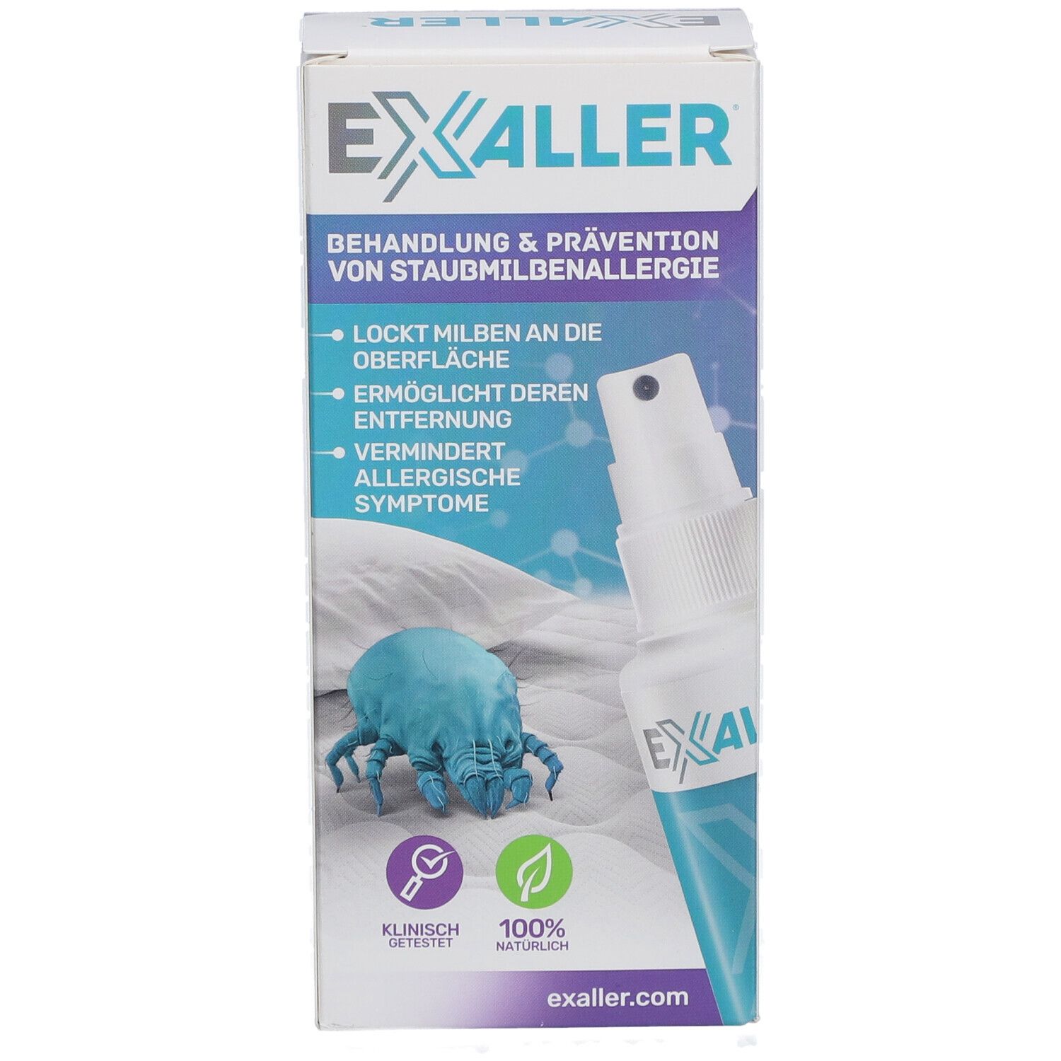 ExAller® Anti-Milbenspray und Verpackung. Sprayflasche und Karton mit Produktinformationen und Logo.
