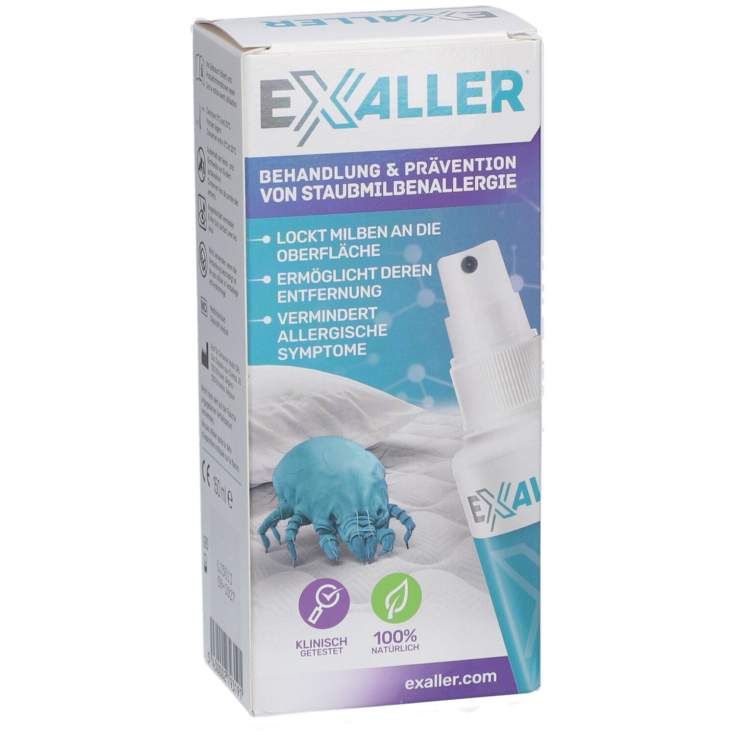 ExAller® Anti-Milbenspray und Verpackung. Sprayflasche und Karton mit Produktinformationen und Logo.