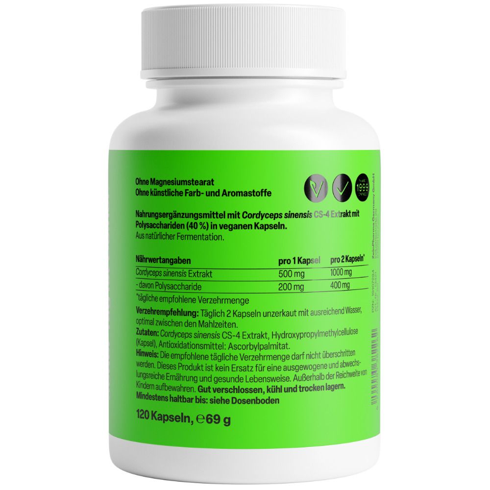 Rückseite der weißen Flasche. Informationen zu Inhaltsstoffen, Nährwerten und Verzehrempfehlung. 120 Kapseln, 69g.