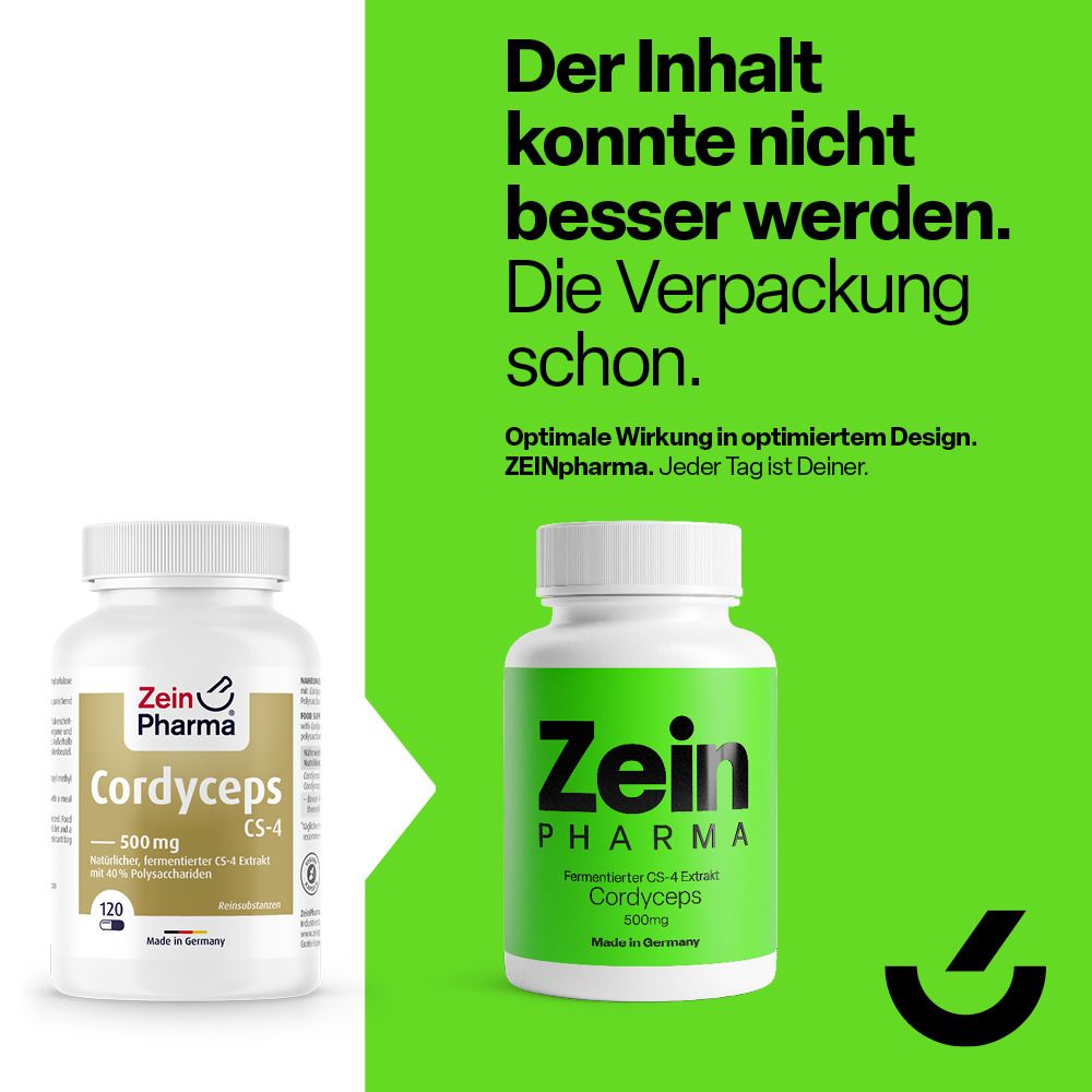 Zwei Flaschen Zein Pharma Cordyceps. Eine mit goldfarbenem Etikett, eine mit grünem Etikett. Text: Optimale Wirkung in optimiertem Design.