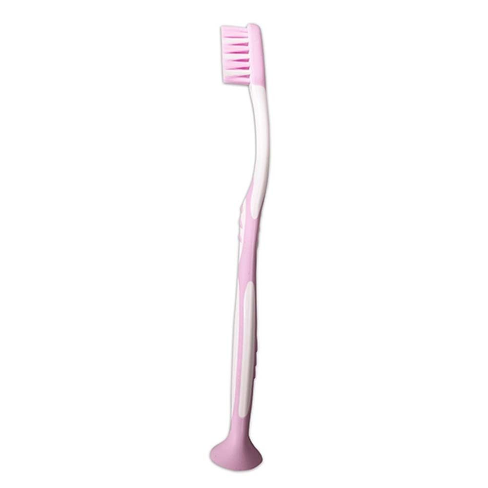Carebrush Junior Zahnbürste, pink. Weißer Griff mit pinkfarbenen Akzenten. Abgewinkelte Bürstenkopf. Miradent-Logo nicht sichtbar.