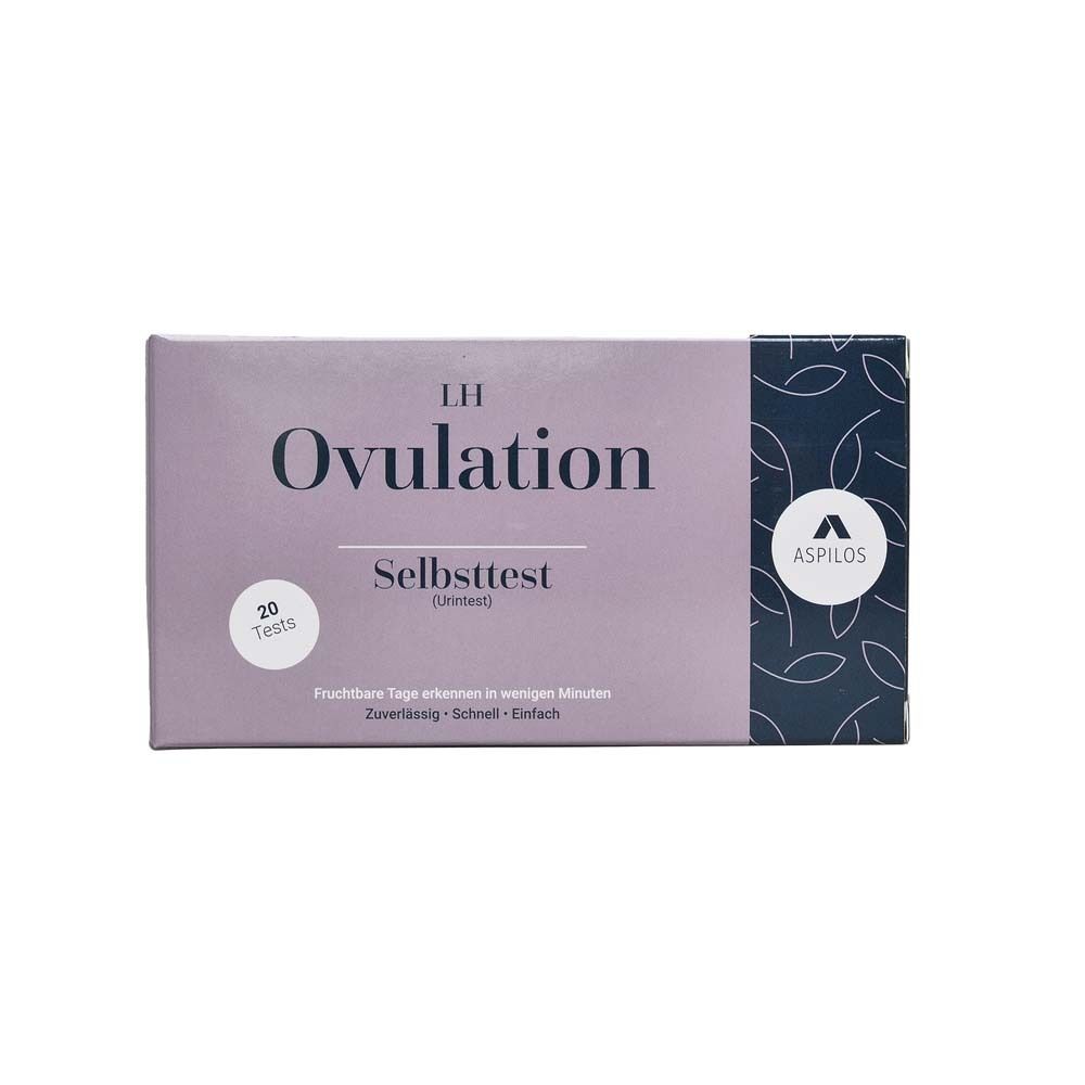 LH Ovulation Selbsttest-Packung. Lila-weiß. Enthält 20 Tests. ASPILOS-Logo.