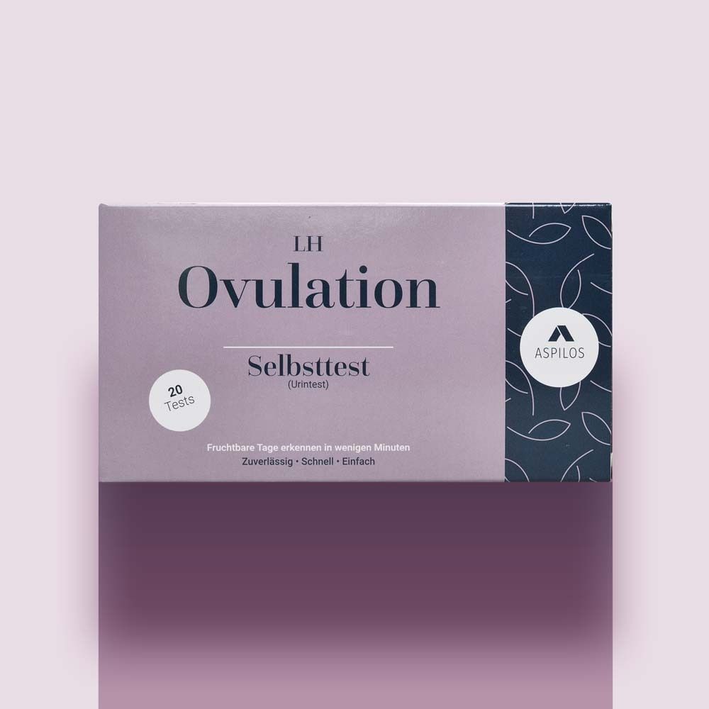 LH Ovulation Selbsttest-Packung. Lila-weiß. Enthält 20 Tests. ASPILOS-Logo.