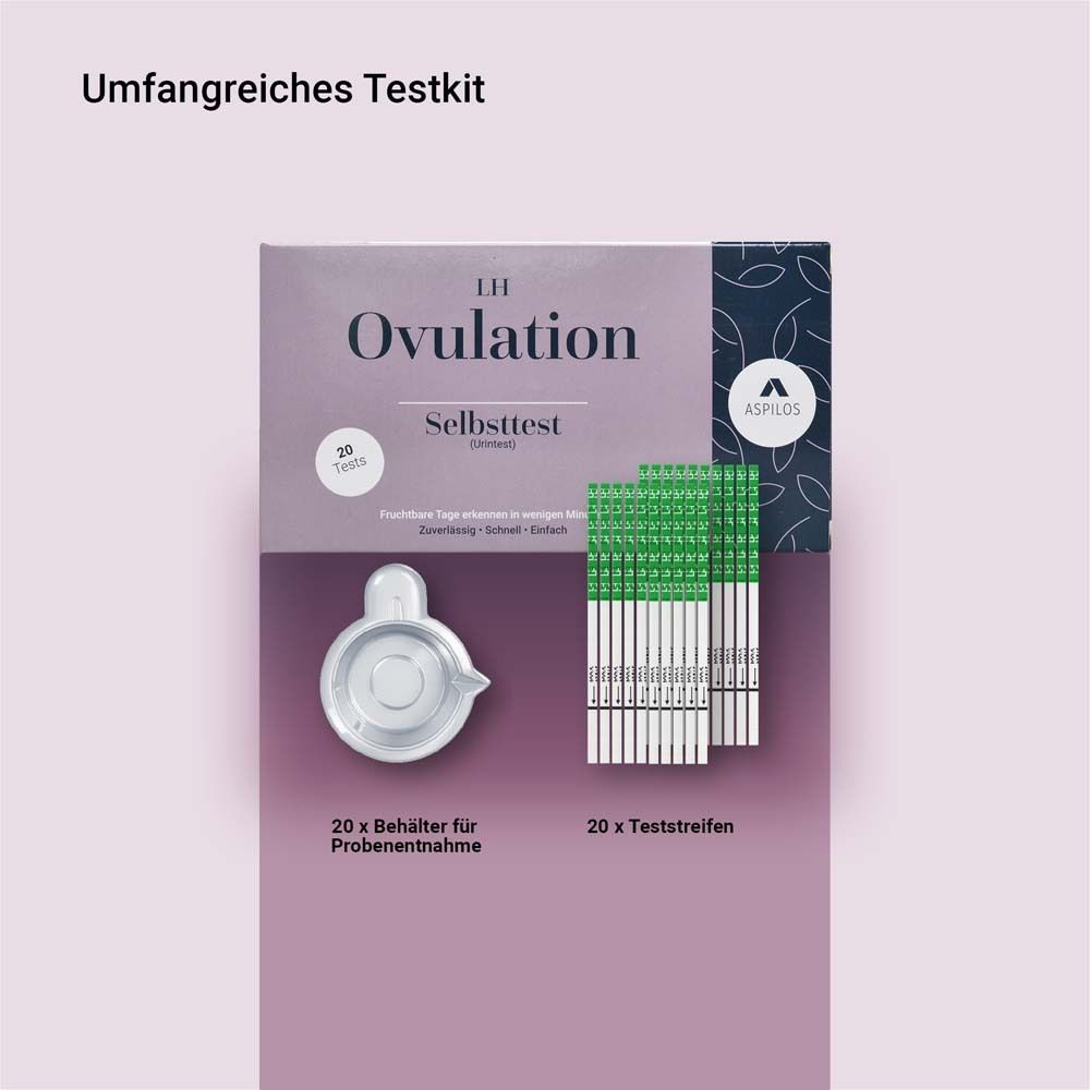 Packung mit Ovulationstest, Teststreifen und Behälter. ASPILOS-Logo. Text: Umfassendes Testkit.