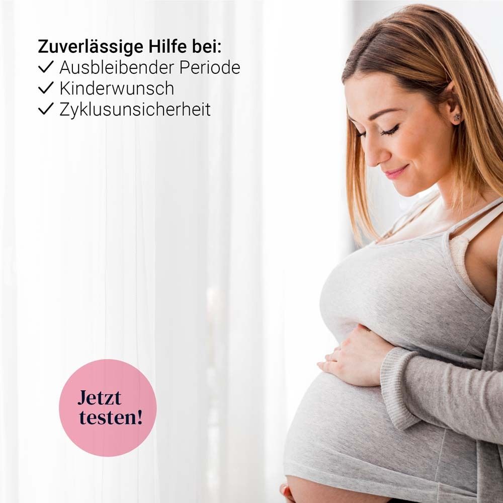 Schwangere Frau. Text: 'Zuverlässige Hilfe bei: Ausbleibender Periode, Kinderwunsch, Zyklusunsicherheit'.