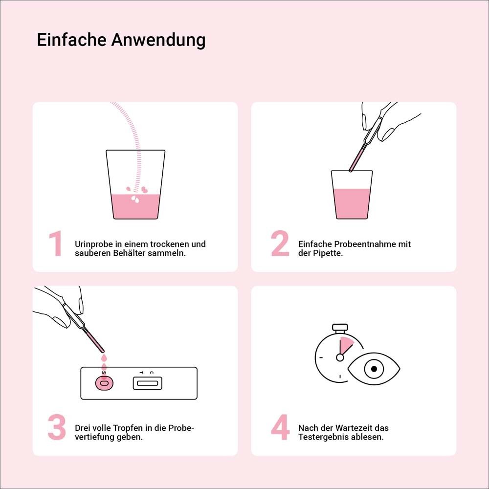 Anleitung zur Anwendung. 4 Schritte: Urinprobe, Probenahme, Tropfen, Testergebnis ablesen.