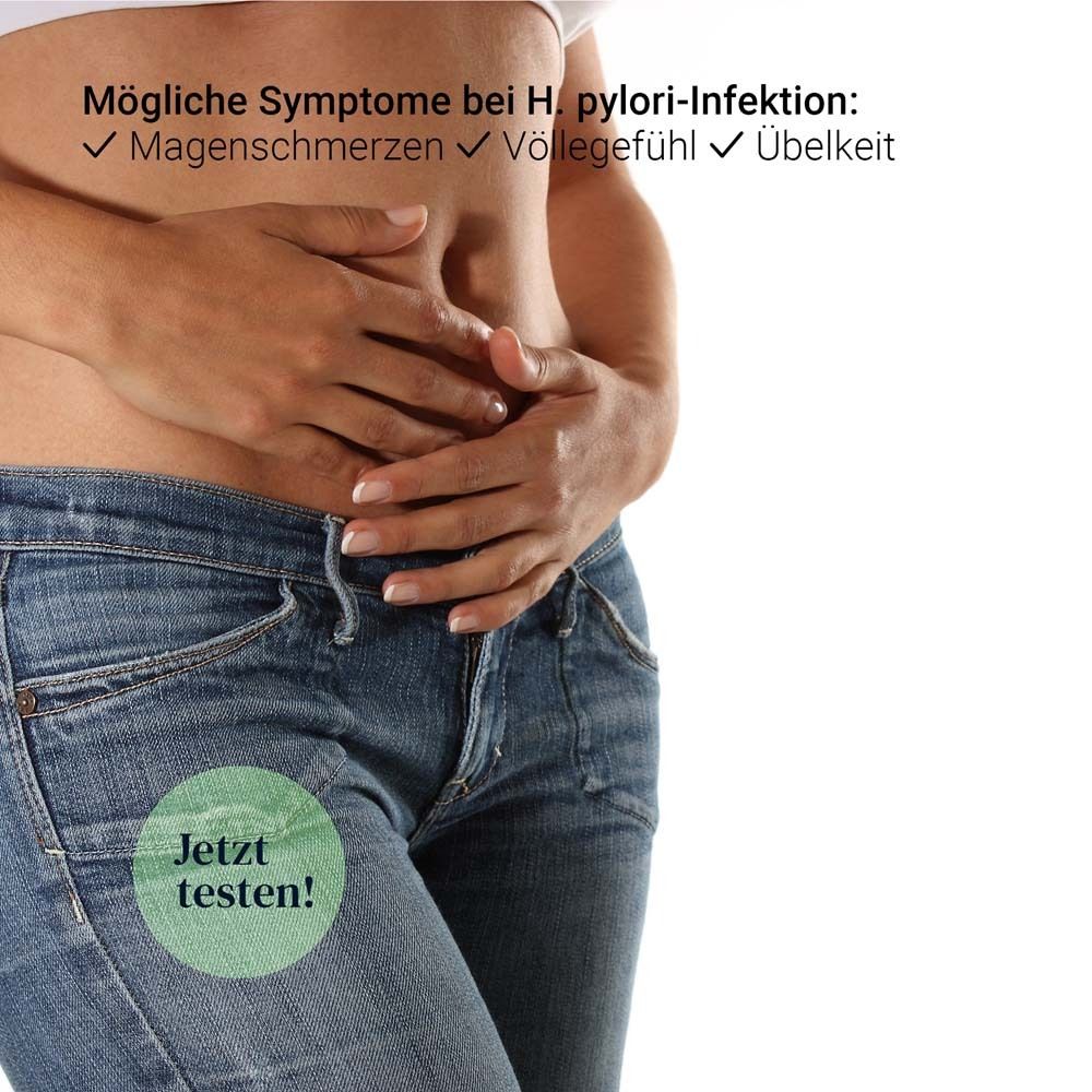Person mit Bauch. Text: Mögliche Symptome bei H. pylori-Infektion: Magenschmerzen, Völlegefühl, Übelkeit.