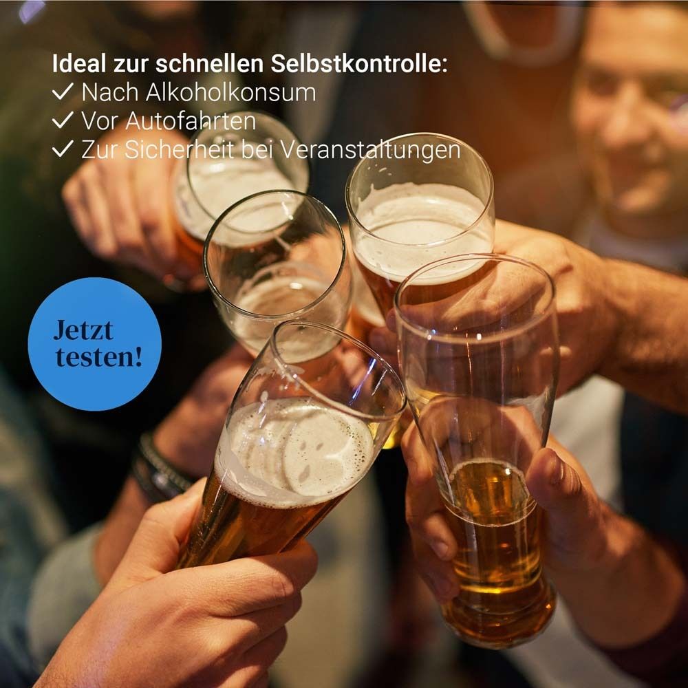 Hände mit Biergläsern stoßen an. Text: Ideal zur schnellen Selbstkontrolle. Nach Alkoholkonsum, vor Autofahrten.
