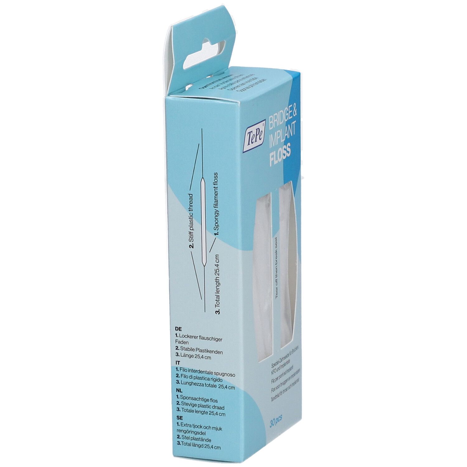 Seitenansicht der TePe Bridge & Implant Floss Verpackung. Produktmerkmale und Abmessungen sind angegeben.