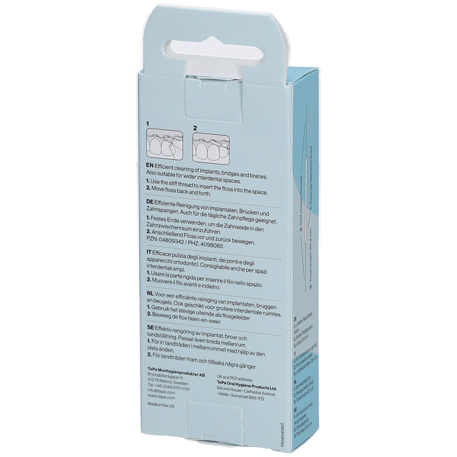 Rückseite der TePe Bridge & Implant Floss Verpackung. Anweisungen und Informationen zur Anwendung.