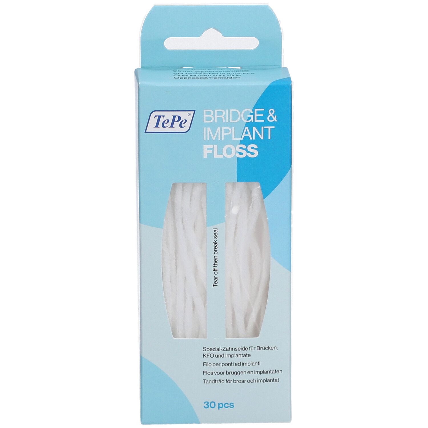 TePe Bridge & Implant Floss Verpackung. Sichtfenster mit weißer Zahnseide. 30 Stück.