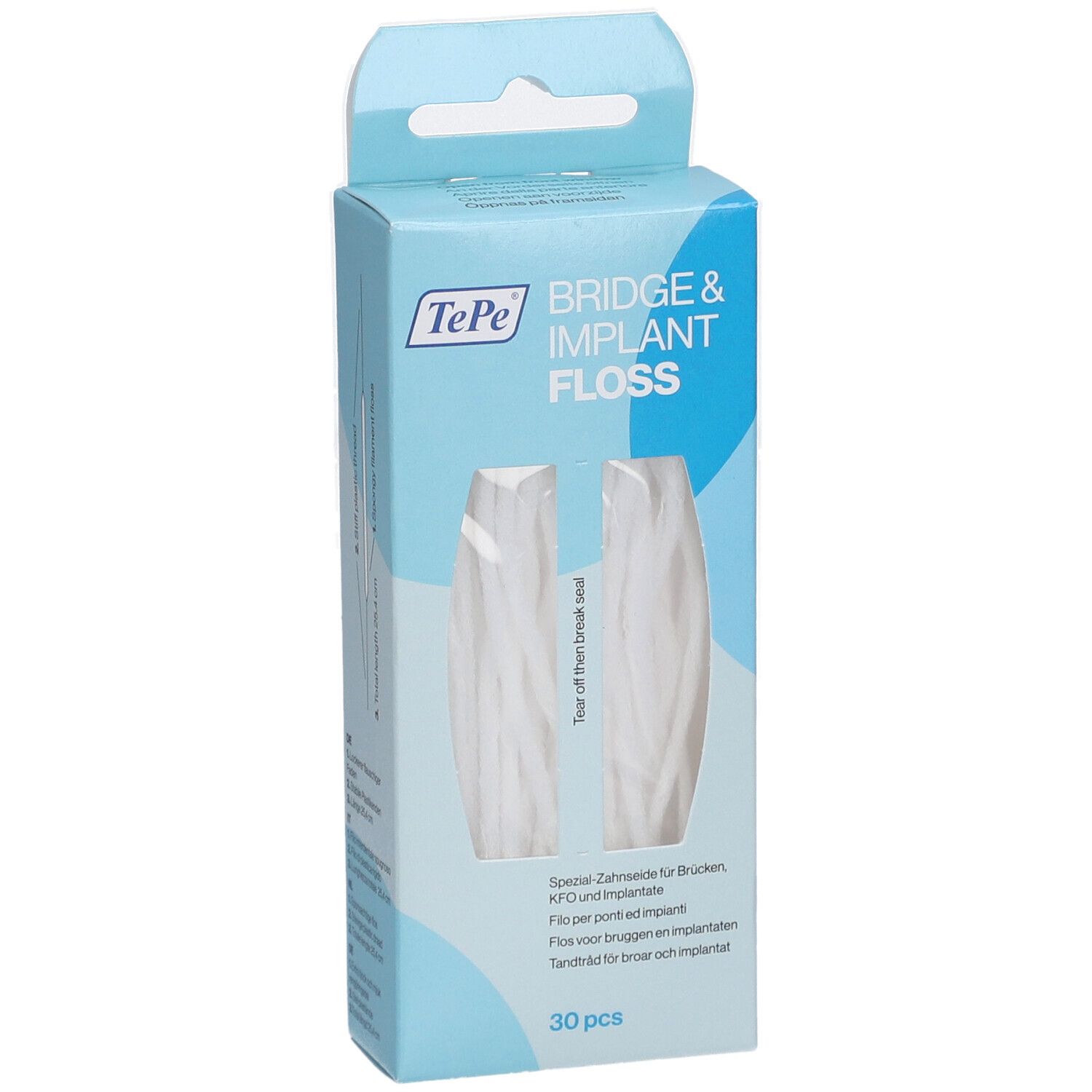 TePe Bridge & Implant Floss Verpackung. Sichtfenster mit weißer Zahnseide. 30 Stück.