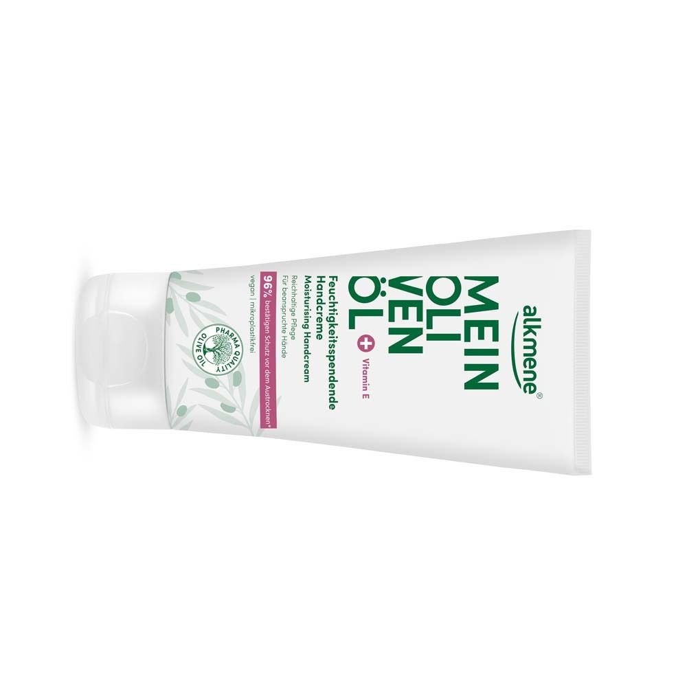 Weisse Tube mit grünem und pinkfarbenem Aufdruck. Text: MEIN OLIVENÖL, Feuchtigkeitsspendende Handcreme, Vitamin E. Marke: alkmene.