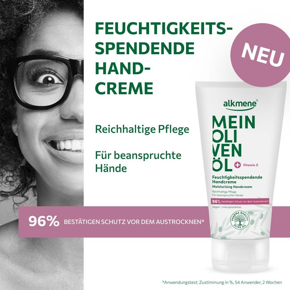 Frau mit Brille und Handcreme. Handcreme-Tube: MEIN OLIVENÖL, Feuchtigkeitsspendende Handcreme. Text: Reichhaltige Pflege, Für beanspruchte Hände.