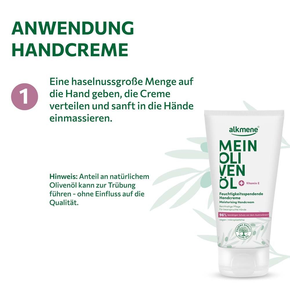 Anwendung Handcreme. Schritt 1: Haselnussgroße Menge auf die Hand geben. Handcreme-Tube: MEIN OLIVENÖL, Feuchtigkeitsspendende Handcreme.