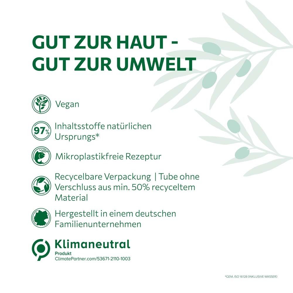 Text: Gut zur Haut - Gut zur Umwelt. Logos: Vegan, 97% Inhaltsstoffe natürlichen Ursprungs, klimaneutral, recycelbare Verpackung.