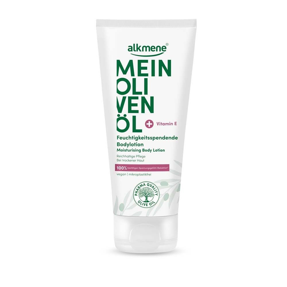 Weiße Tube mit grünem und rosa Aufdruck. Text: MEIN OLIVENÖL, Feuchtigkeitsspendende Bodylotion, Vitamin E. Pharma Quality Olive Oil.