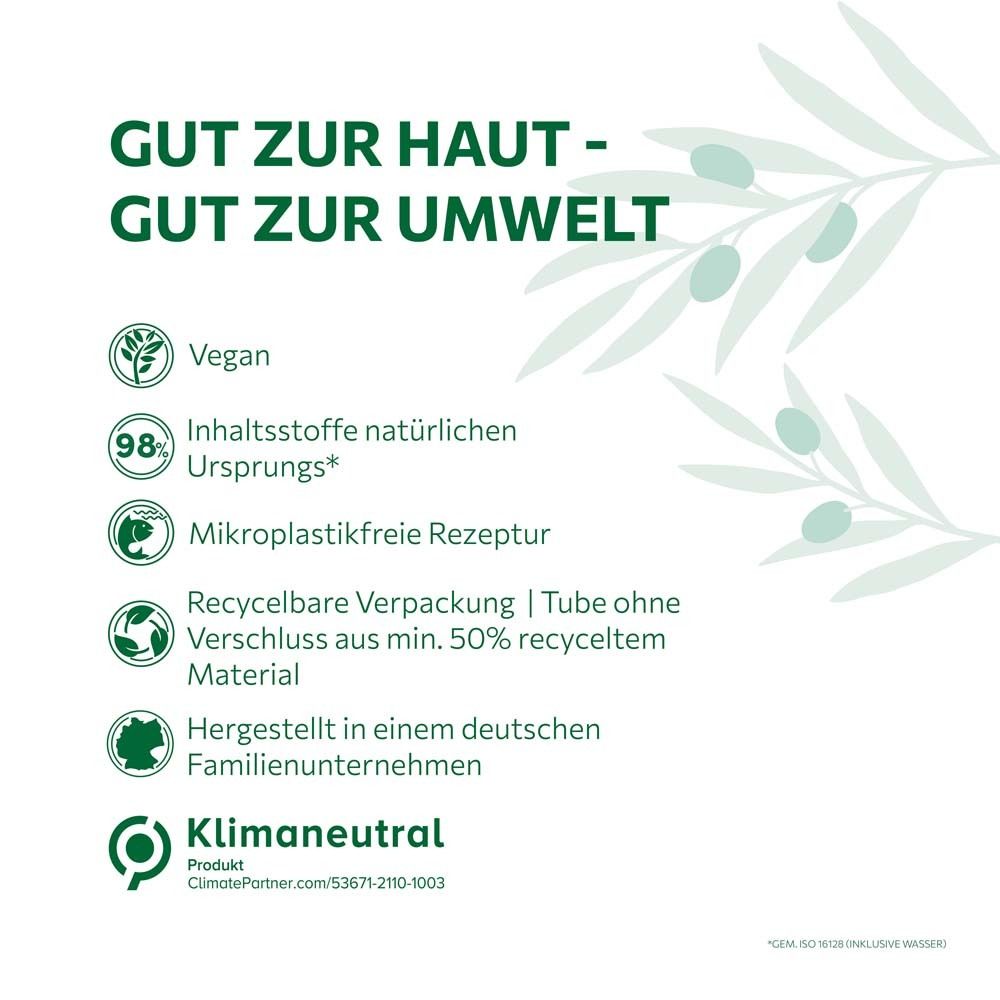 Text: Gut zur Haut - Gut zur Umwelt. Vegan, 98% Inhaltsstoffe natürlichen Ursprungs, Mikroplastikfreie Rezeptur, Recycelbare Verpackung, Klimaneutral.