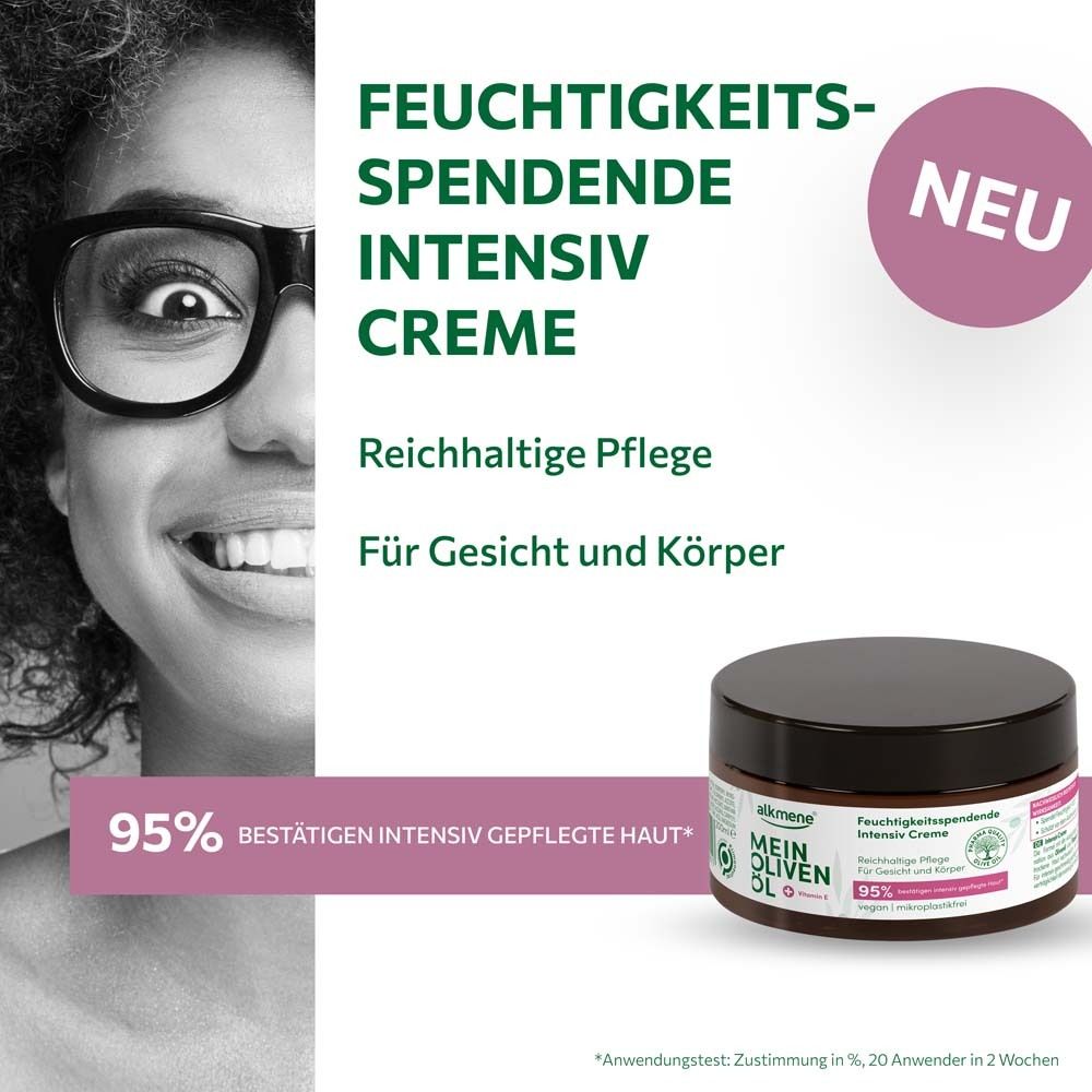 Frau mit Brille und Creme-Tiegel. Aufschrift: MEIN OLIVENÖL, Feuchtigkeitsspendende Intensiv Creme. Neu.